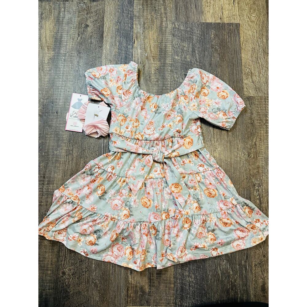 Rare Editions Light Green Floral Girls Puff Short Sleeve Tiered Dress Size 8 NWT - Picture 2 of 4